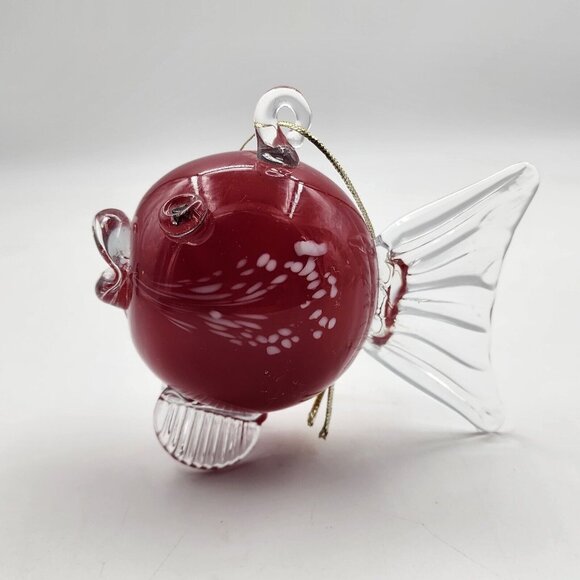 Hand Blown Art Glass Puffer Fish Sculpture Ornament Animal Print Red 3.25 in - Picture 1 of 9